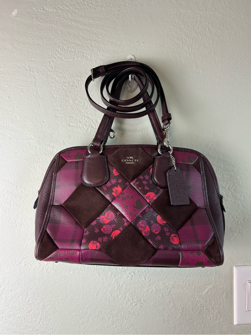 Coach Nolita 36557 Patchwork Leather Suede Satchel Burgundy Floral
